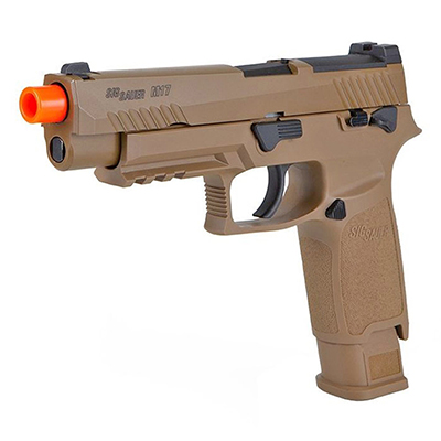 sig sauer m17 airsoft pistol tan left side front angle