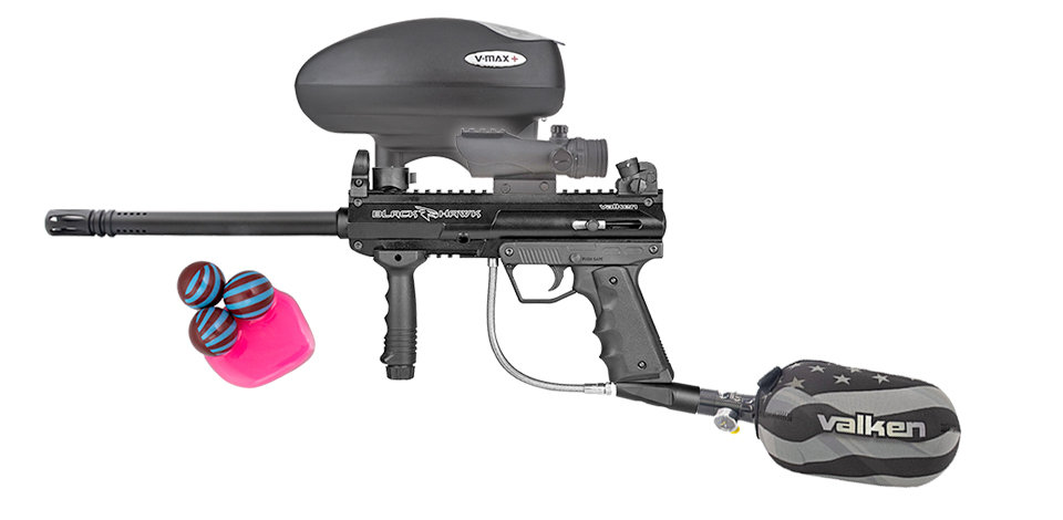 valken blackhawk paintball gun with loader, paintball gun sniper barrel, air tank and scope