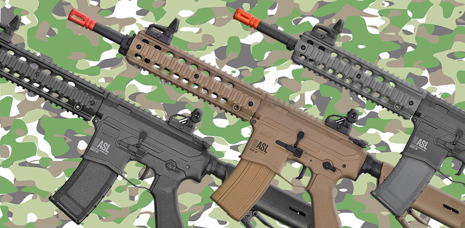 valken asl mod-m aeg airsoft guns on camo in black, tan and black with grey