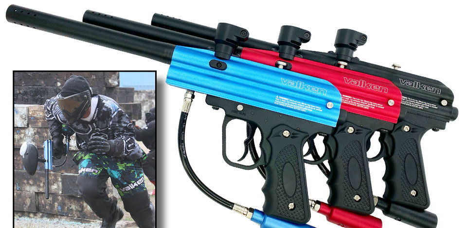 Valken razorback paintball gun in blue, red and black with inset image of paintball player using Valken razorback in action
